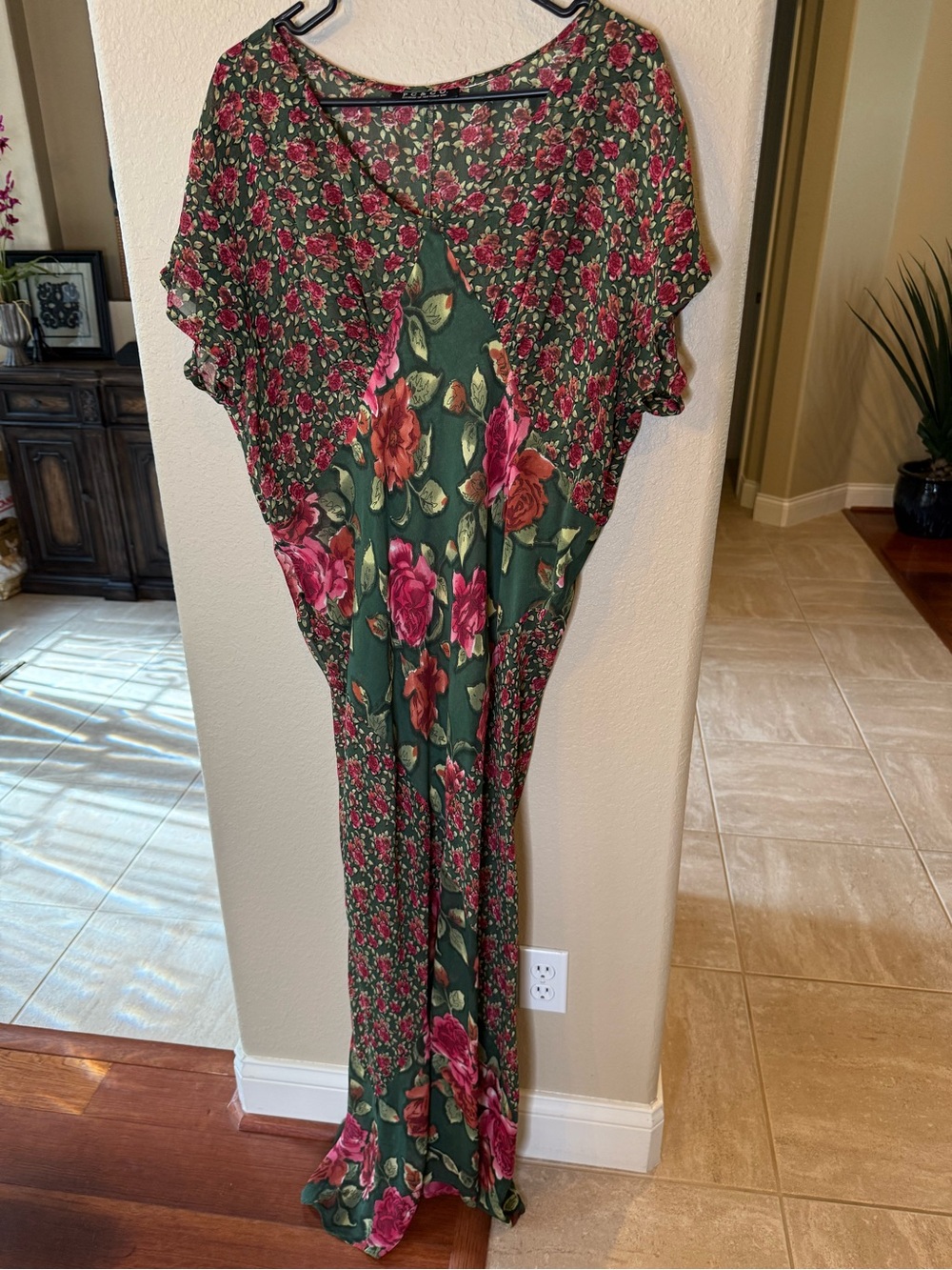 Floor Length Large Green Floral Gauzey Dress with Pink Roses and Green Pattern